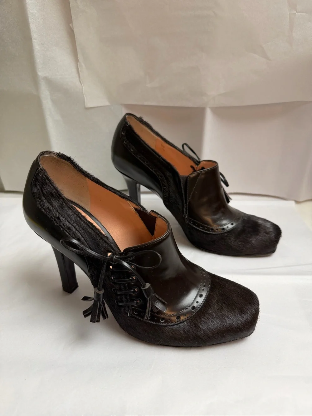 Nanette Lepore brown Fur & Leather Lace-Up Heels
